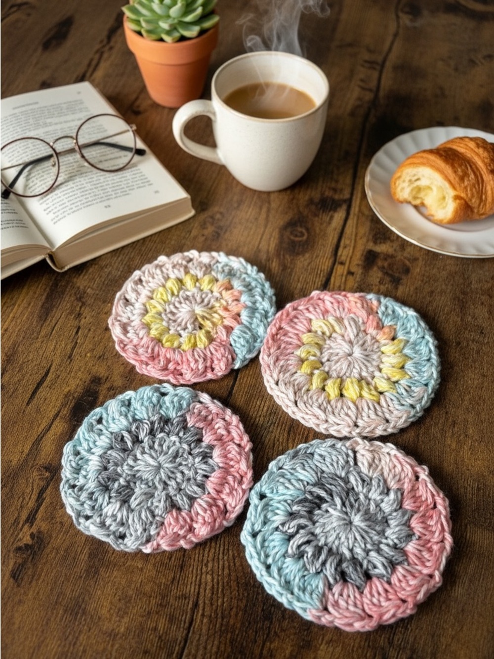Hand Crafted Pastel Crochet Round Coasters in Pink, Blue, Gray, Cream